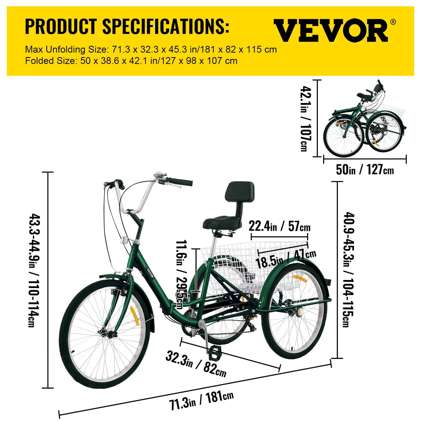 Foldable Tricycle Adult 26'' Wheels Adult Tricycle 7-Speed 3 Wheel Bikes For Adults