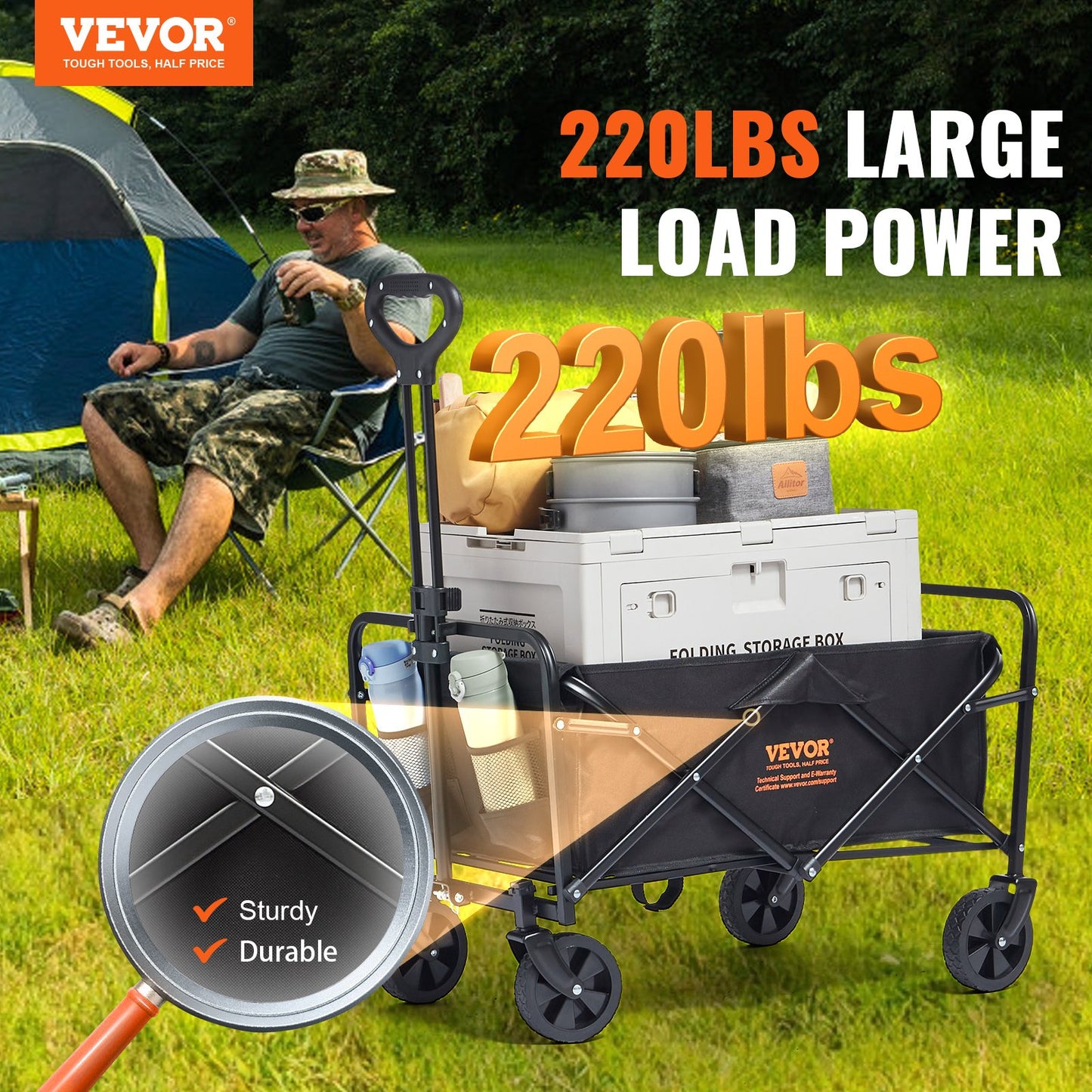 VEVOR Collapsible Folding Wagon, 2 cu.ft Beach Wagon Cart with All-Terrain 5in Wheels,