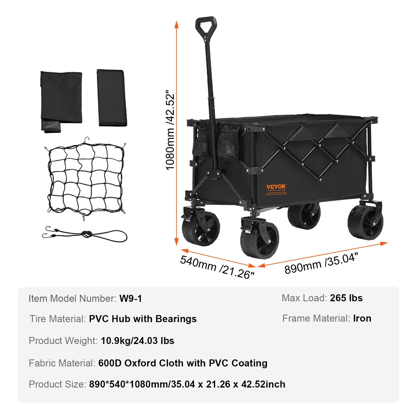 VEVOR Collapsible Folding Wagon, 150 L Beach Wagon Cart with All-Terrain Wheels,