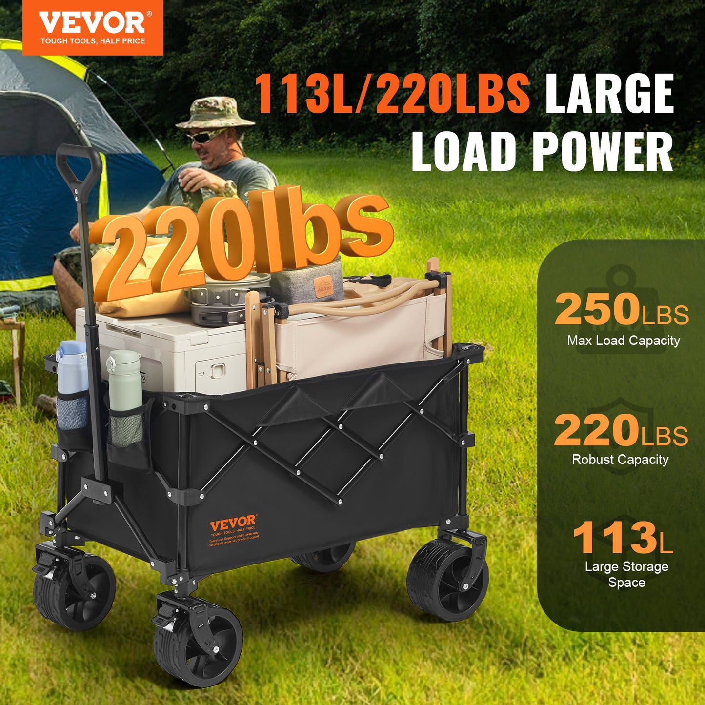 VEVOR Collapsible Folding Wagon, 113 L Beach Wagon Cart with All-Terrain Wheels,