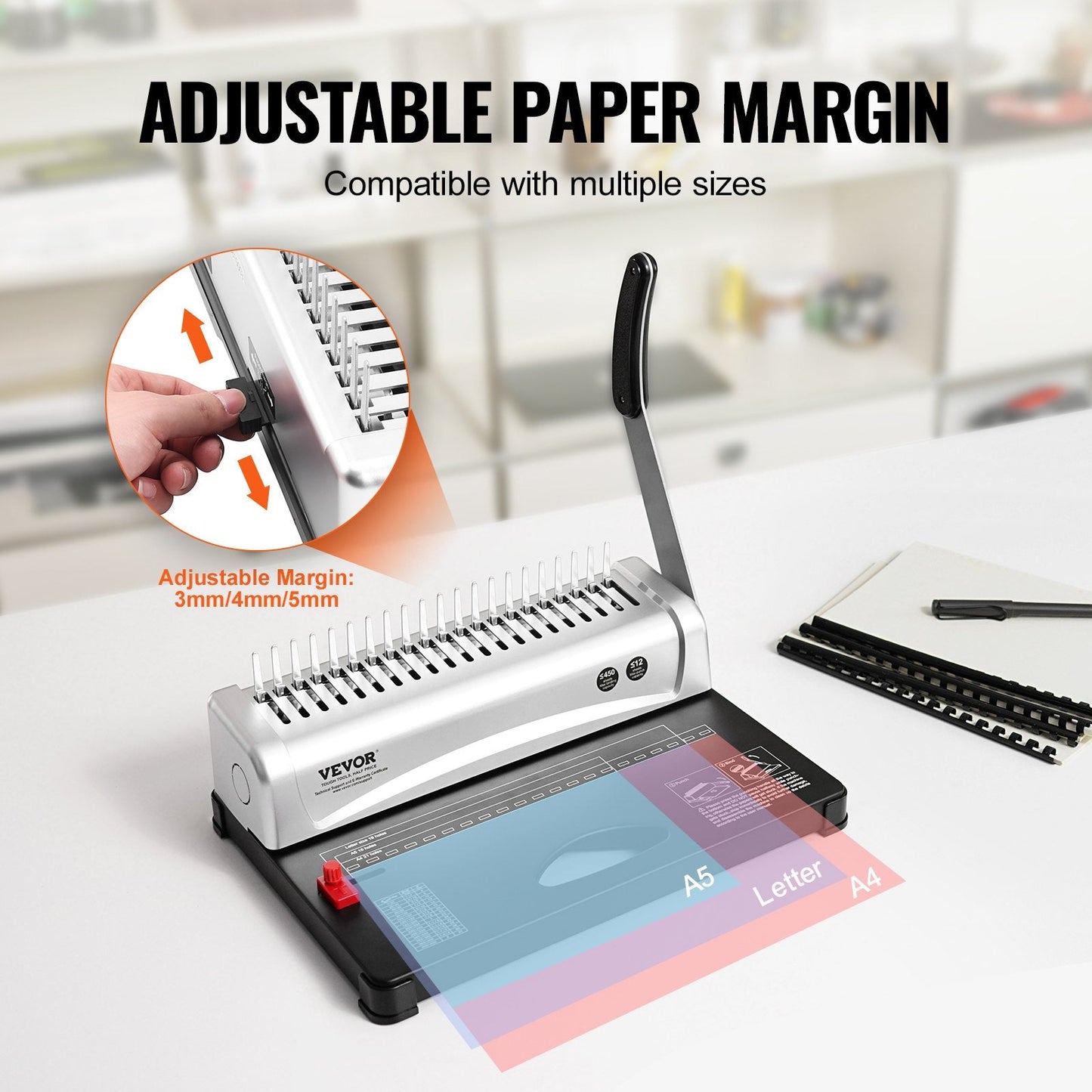 Heavy-Duty Comb Binding Machine, 21-Hole, Binds 450 Sheets, Includes 100 Spines
