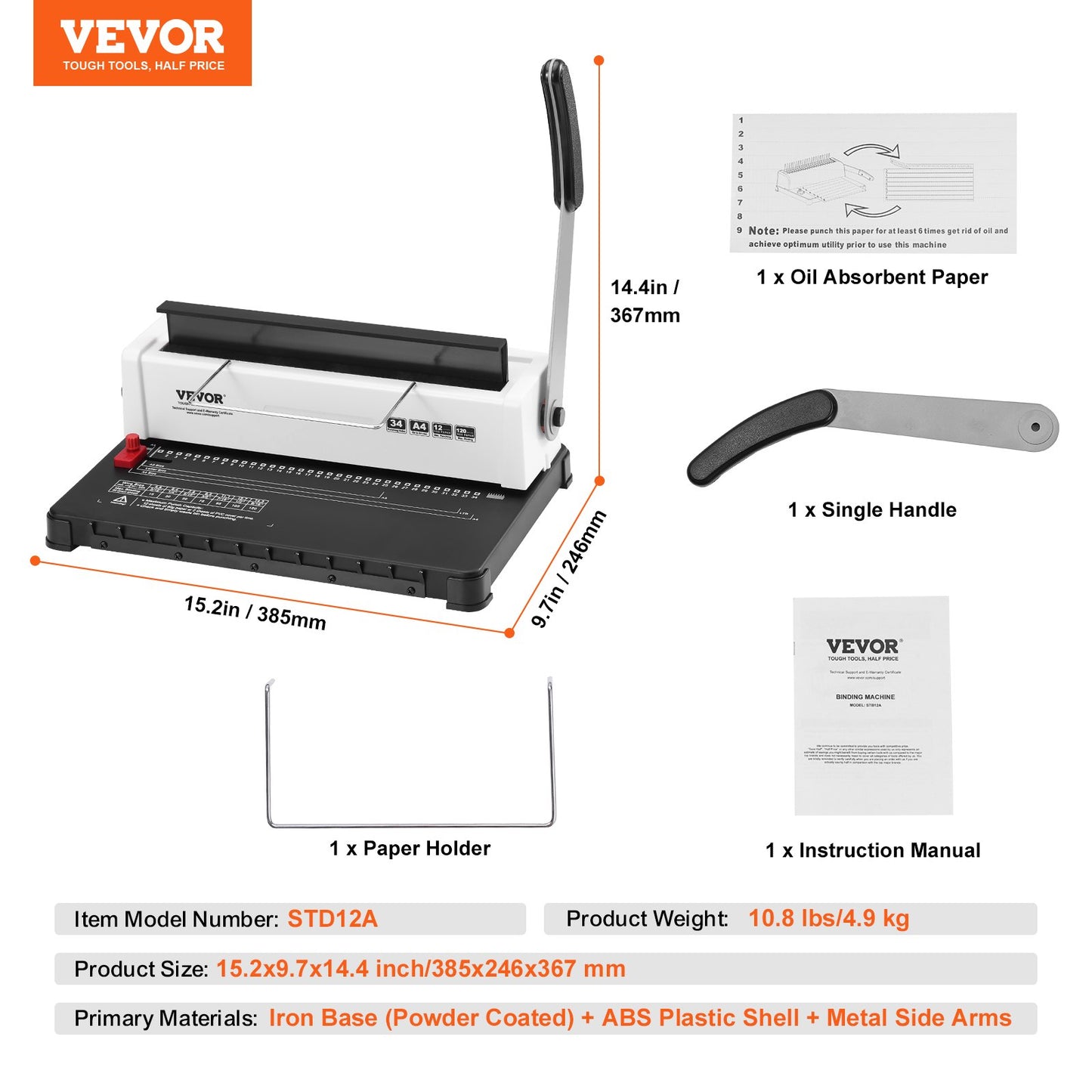 VEVOR Coil Spiral Binding Machine, Manual Book Maker 34-Holes Binding 120 Sheets,