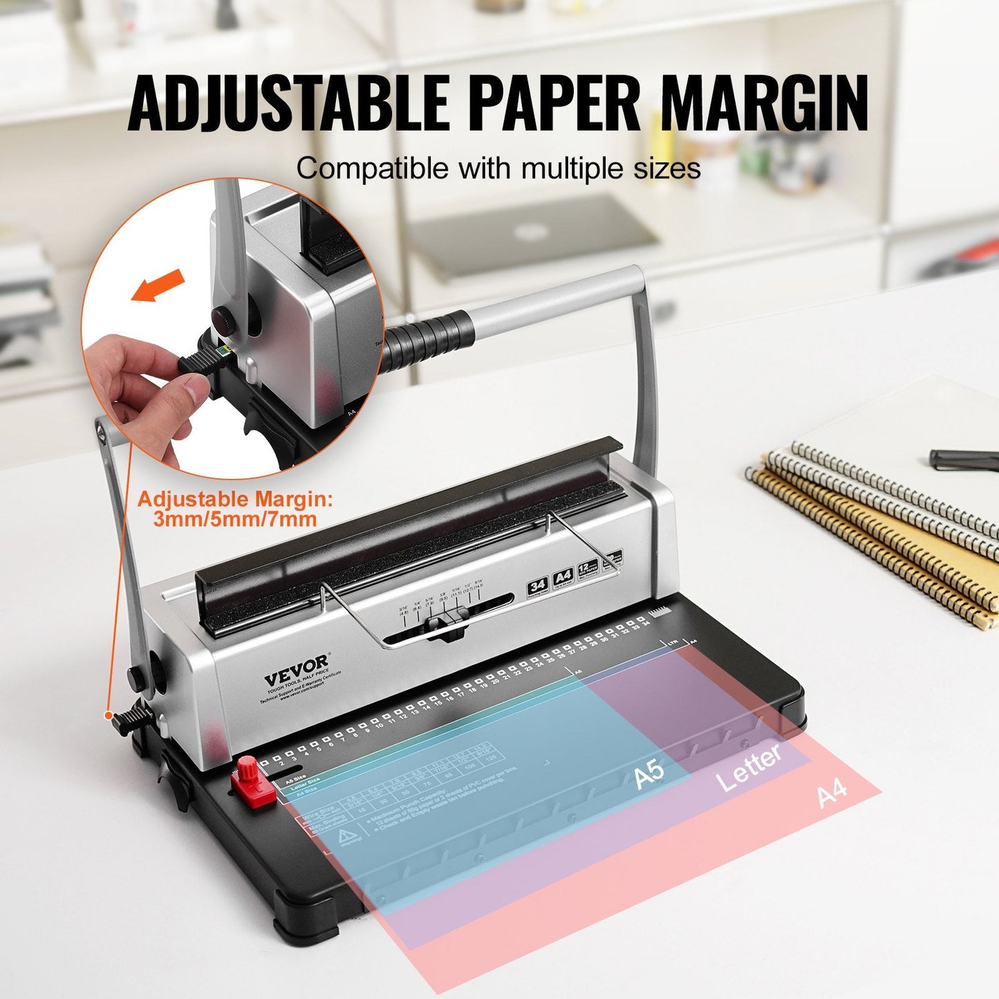 Manual Spiral Binding Machine, 34-Hole, Binds up to 120 Sheets, Adjustable Spines