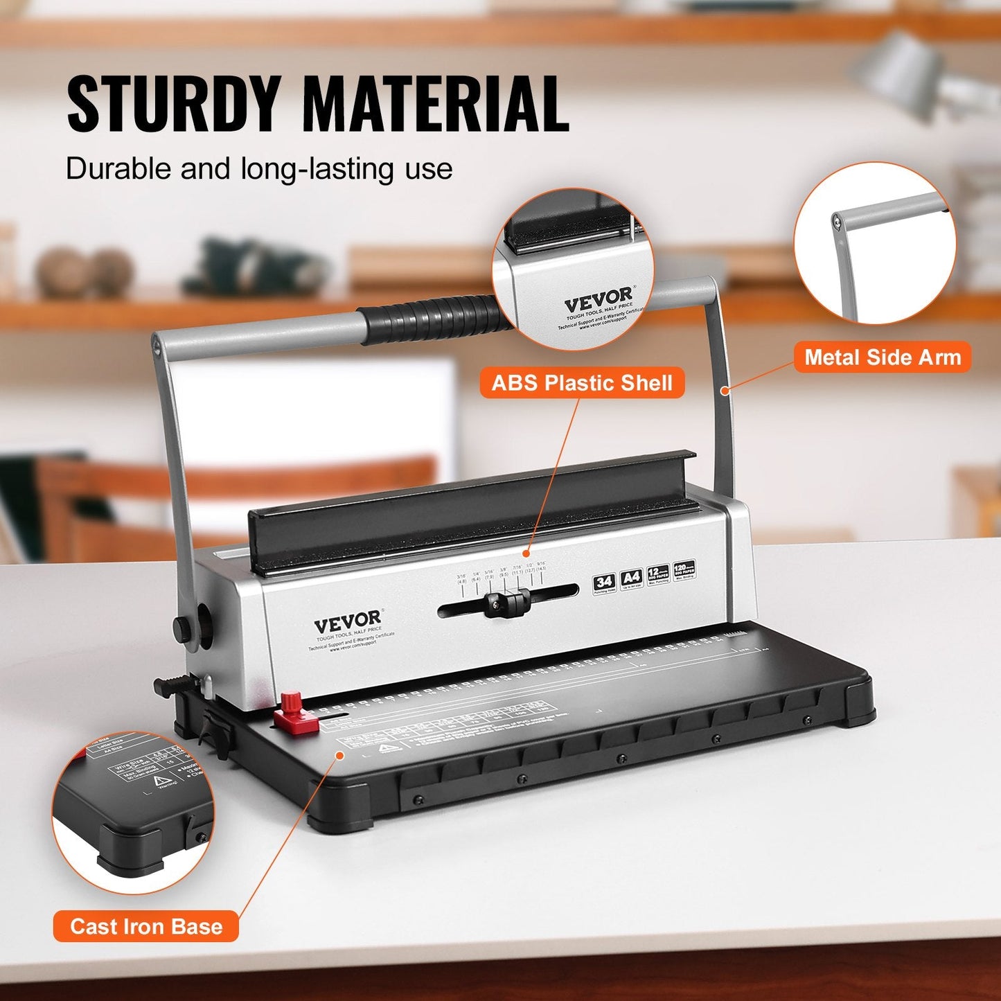 Manual Spiral Binding Machine, 34-Hole, Binds up to 120 Sheets, Adjustable Spines