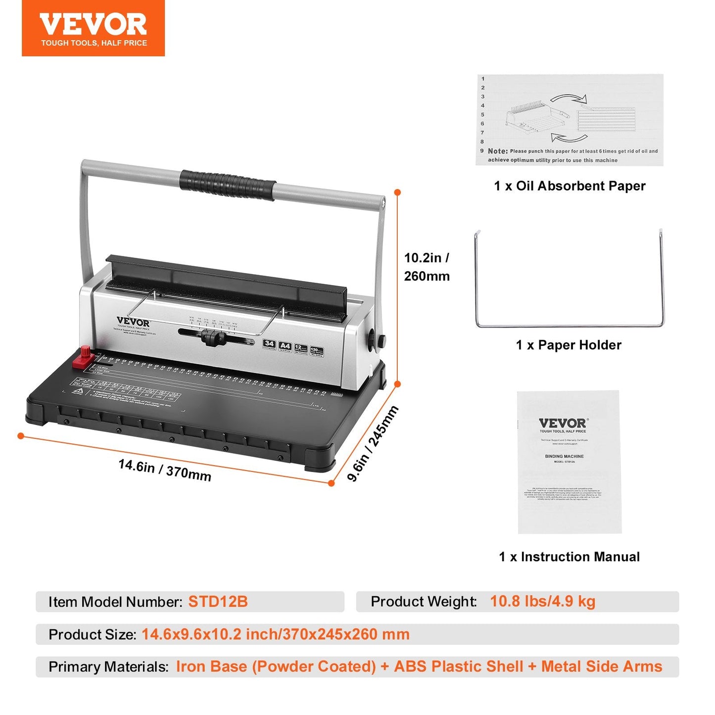 Manual Spiral Binding Machine, 34-Hole, Binds up to 120 Sheets, Adjustable Spines