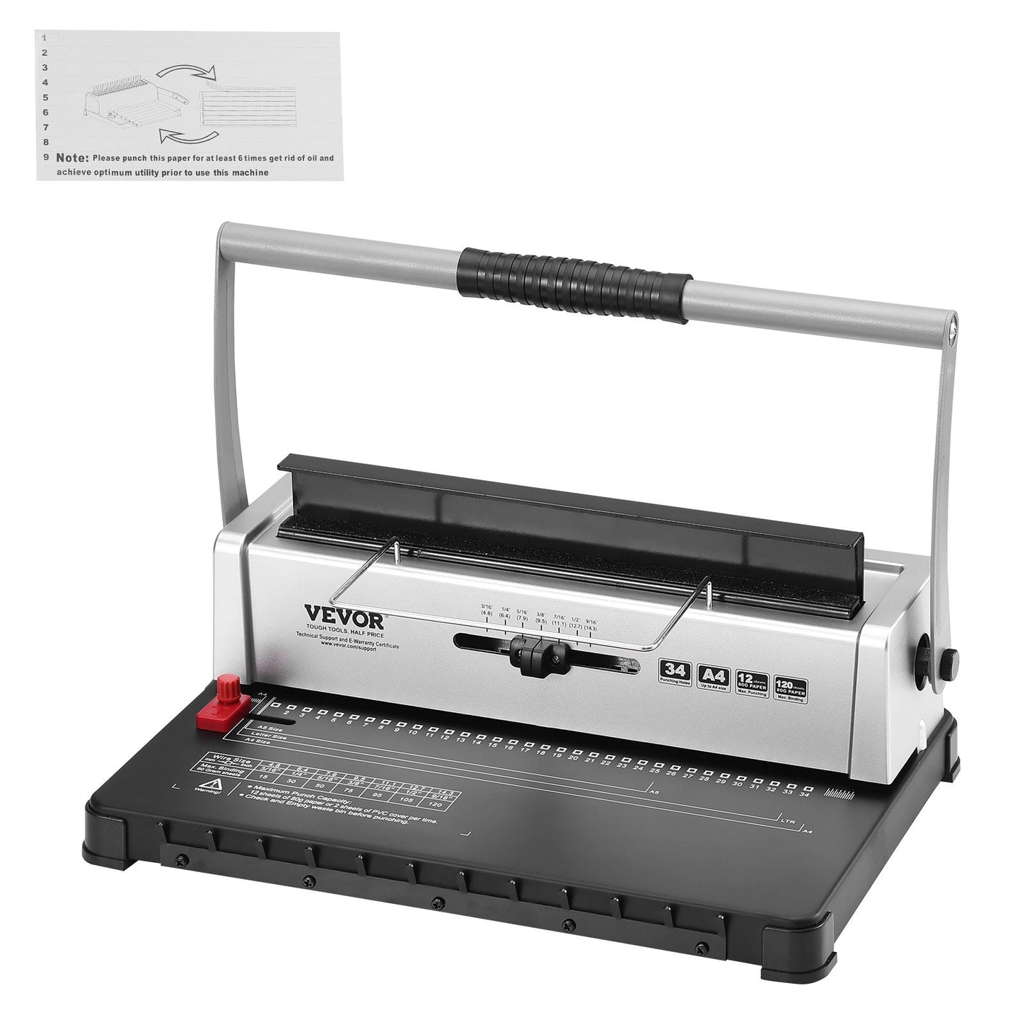Manual Spiral Binding Machine, 34-Hole, Binds up to 120 Sheets, Adjustable Spines