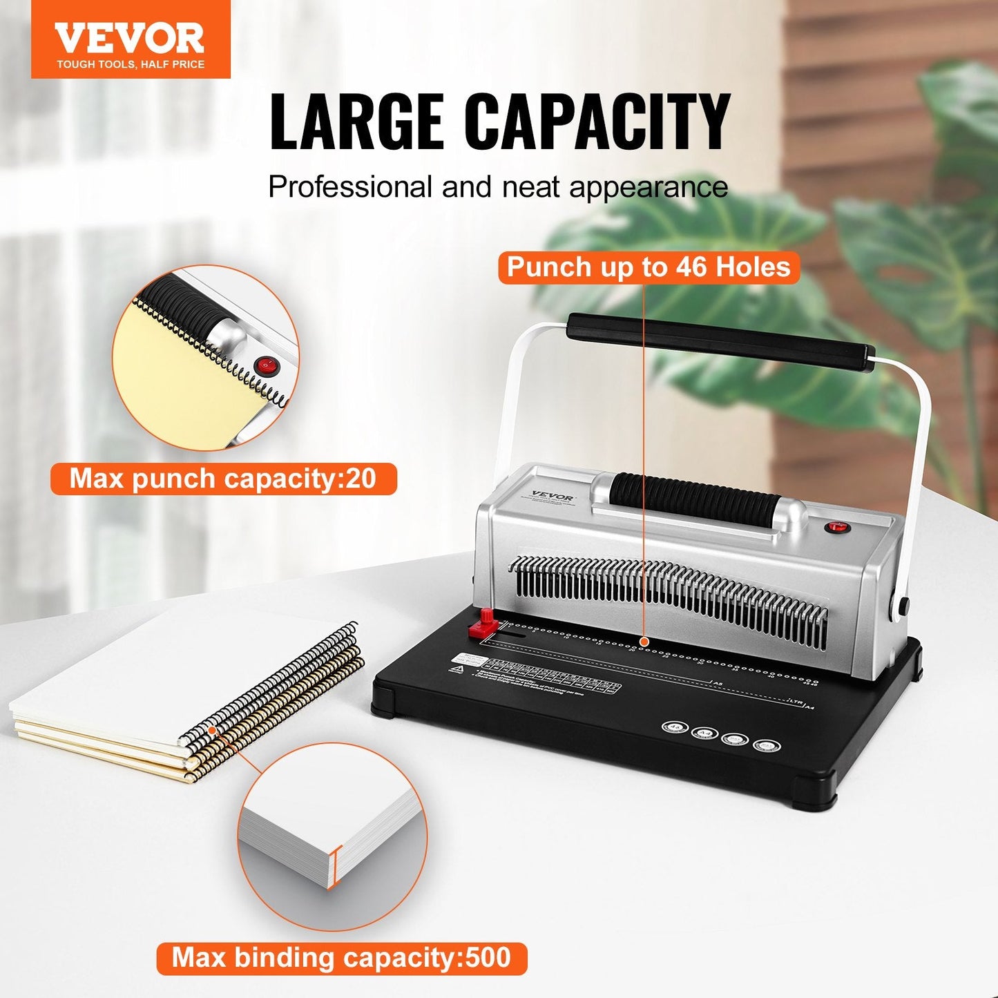 Manual Spiral Binding Machine with Electric Punch, Binds 500 Sheets, 46 Holes