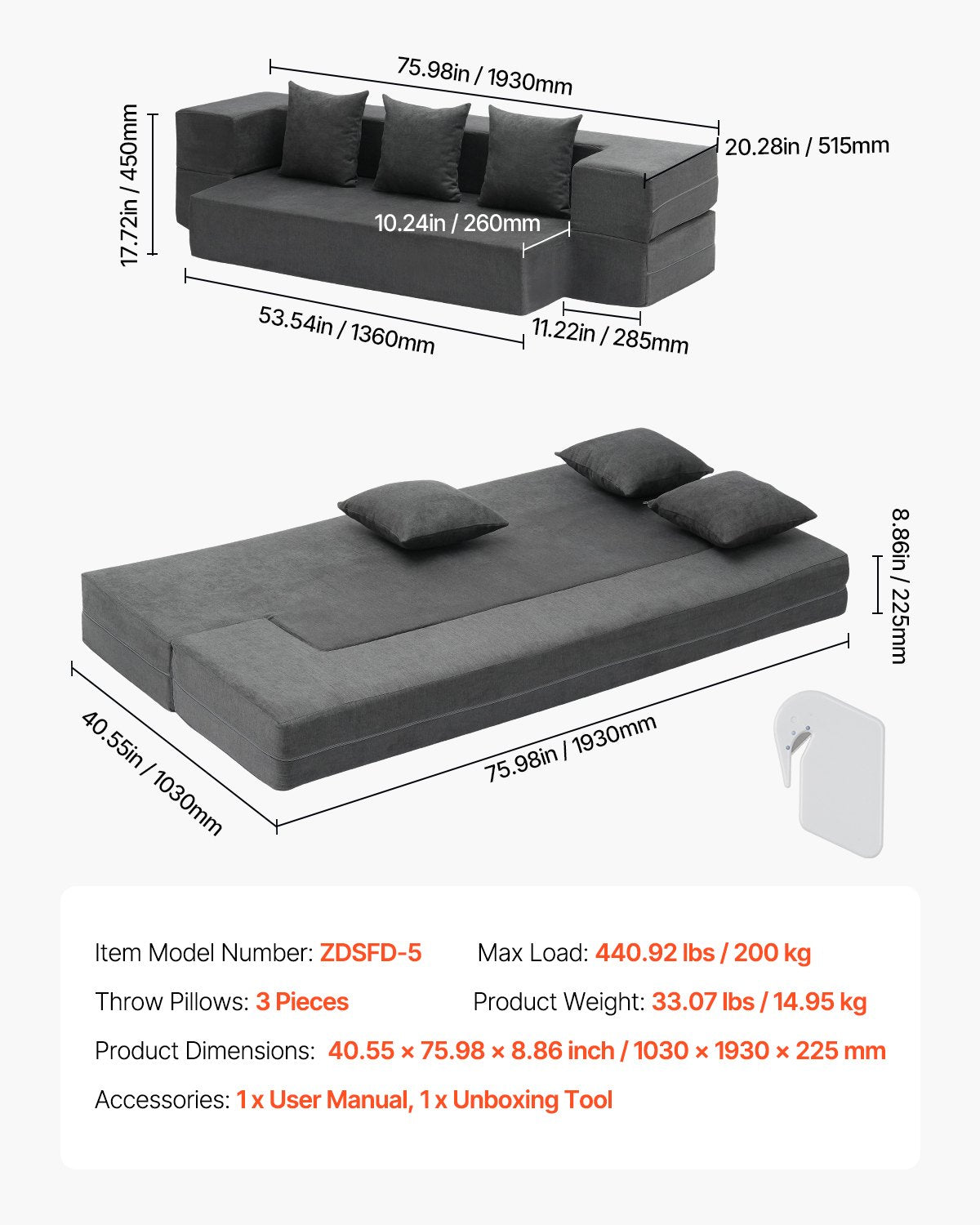 VEVOR Folding Sofa Bed 3-in-1 Foldable Couch Bed with 3 Pillows Dark Grey Twin