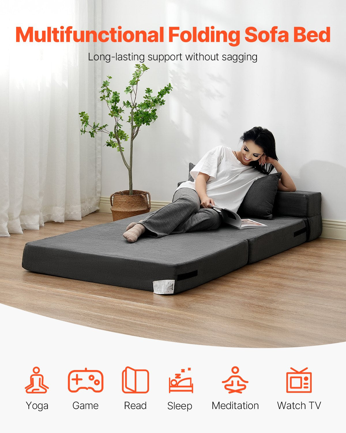 VEVOR Folding Sofa Bed 3-in-1 Foldable Couch Bed with 2 Pillows Dark Grey Twin