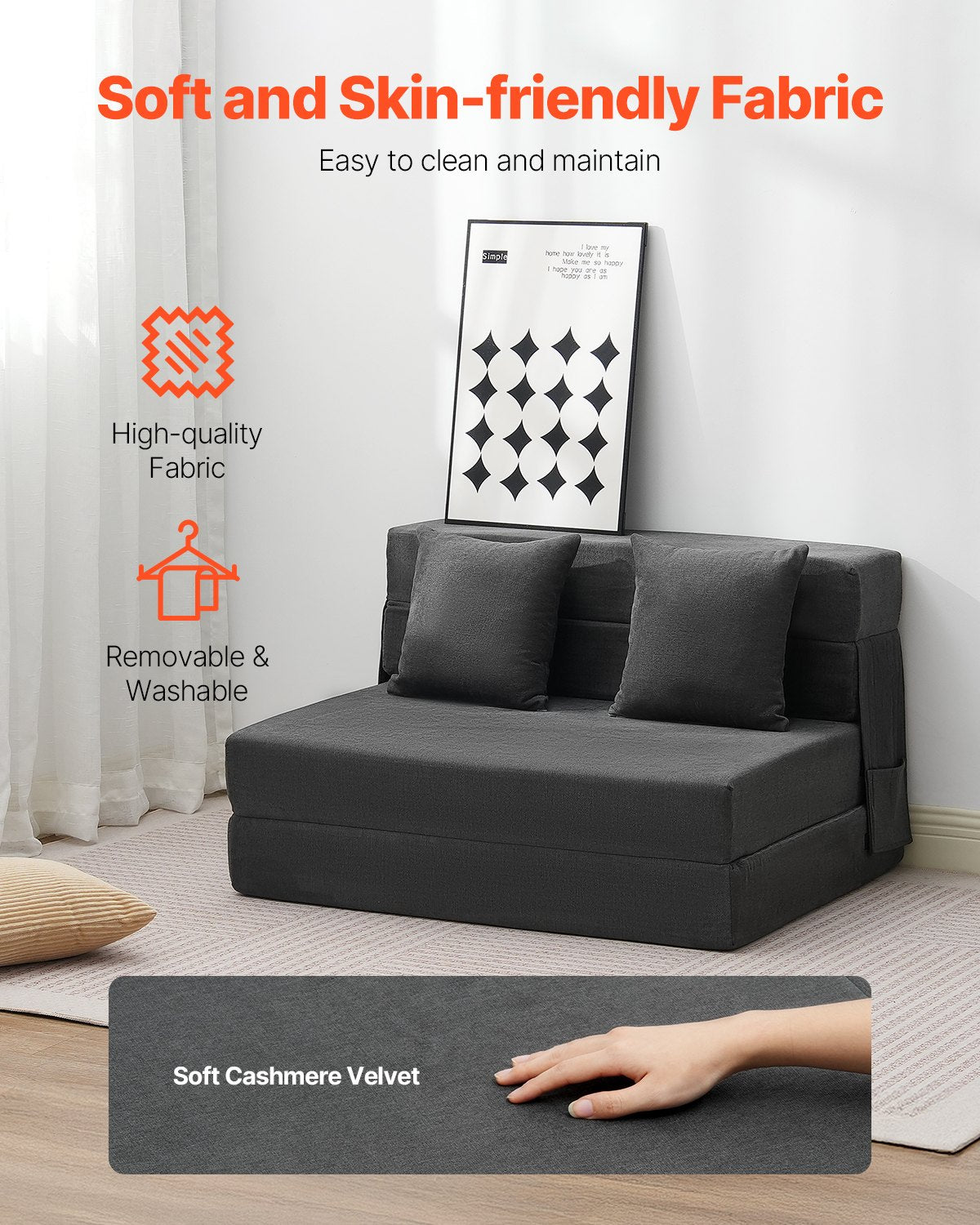 VEVOR Folding Sofa Bed 3-in-1 Foldable Couch Bed with 2 Pillows Dark Grey Twin