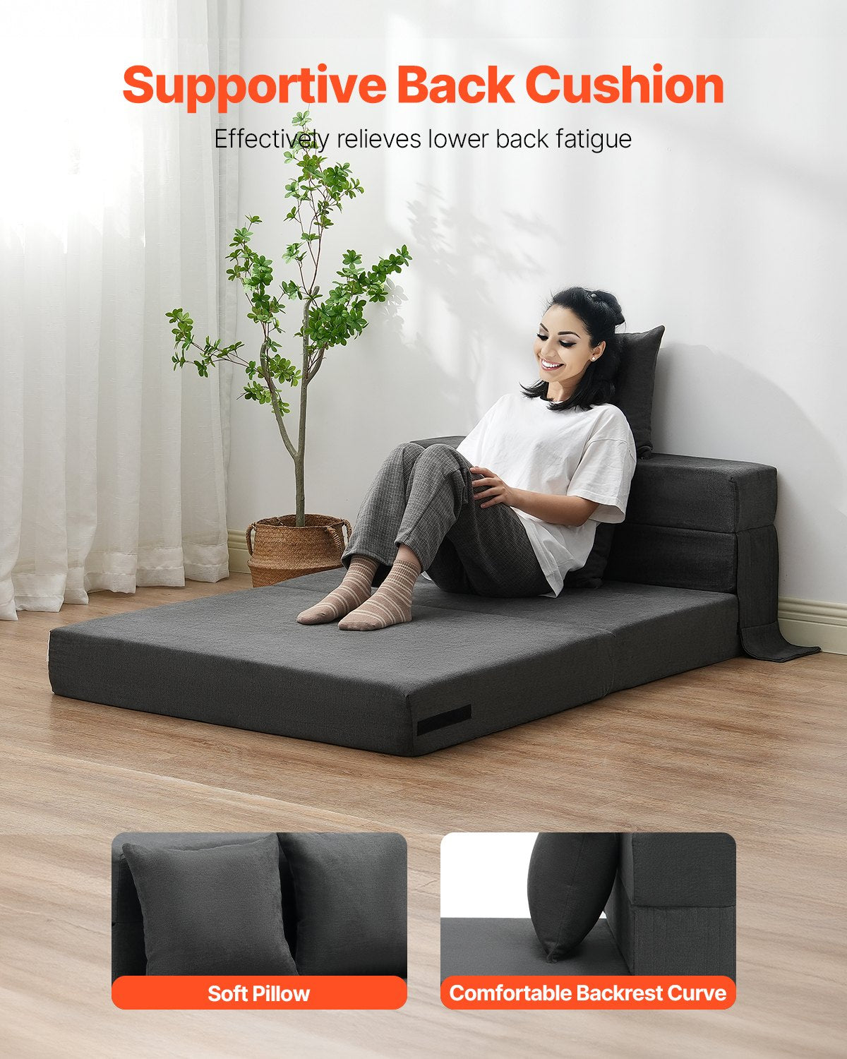 VEVOR Folding Sofa Bed 3-in-1 Foldable Couch Bed with 2 Pillows Dark Grey Twin