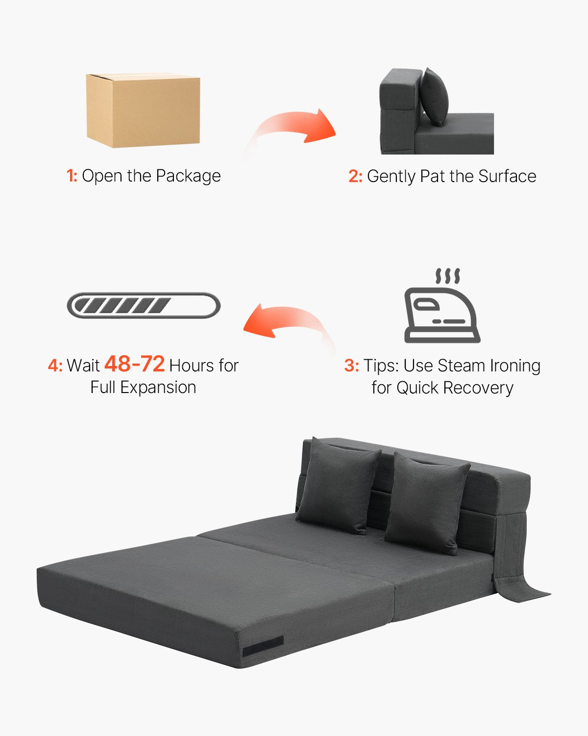 VEVOR Folding Sofa Bed 3-in-1 Foldable Couch Bed with 2 Pillows Dark Grey Twin