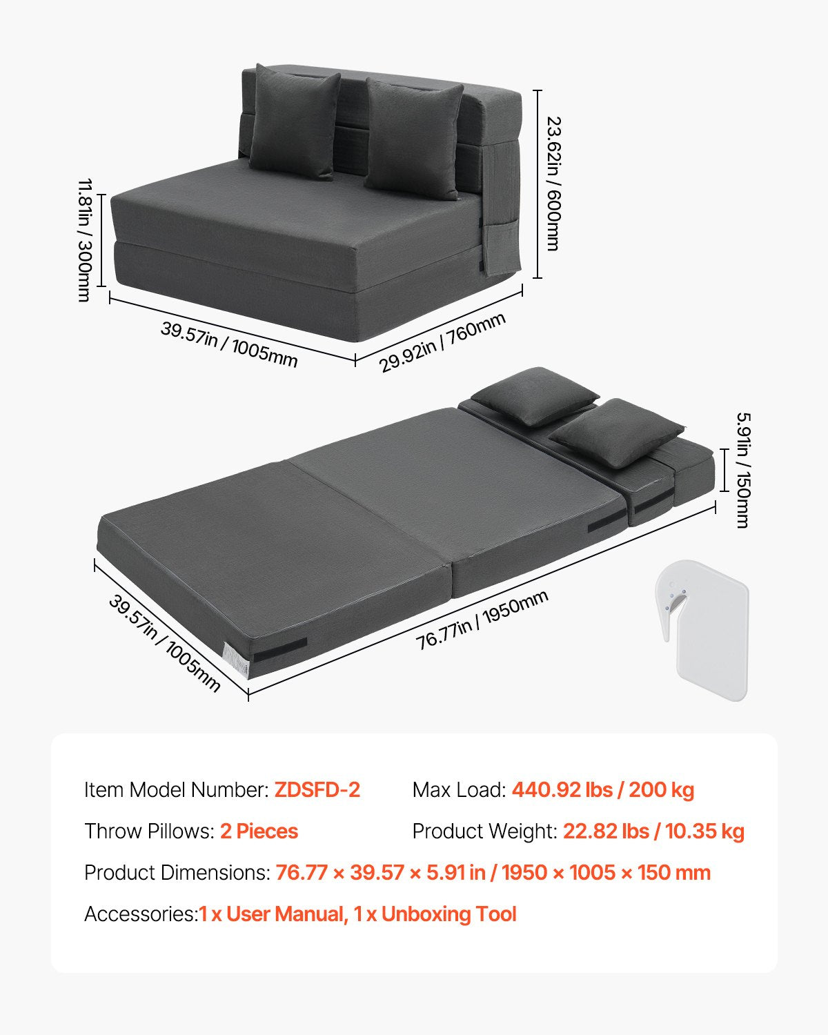 VEVOR Folding Sofa Bed 3-in-1 Foldable Couch Bed with 2 Pillows Dark Grey Twin