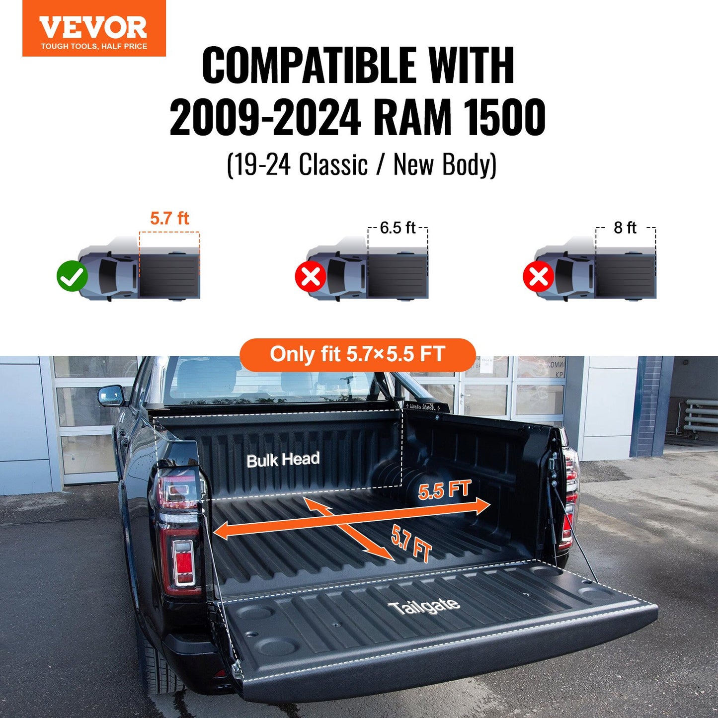 VEVOR Tri-Fold Truck Bed Tonneau Cover, Compatible with 2009-2024 Ram 1500 (19-24