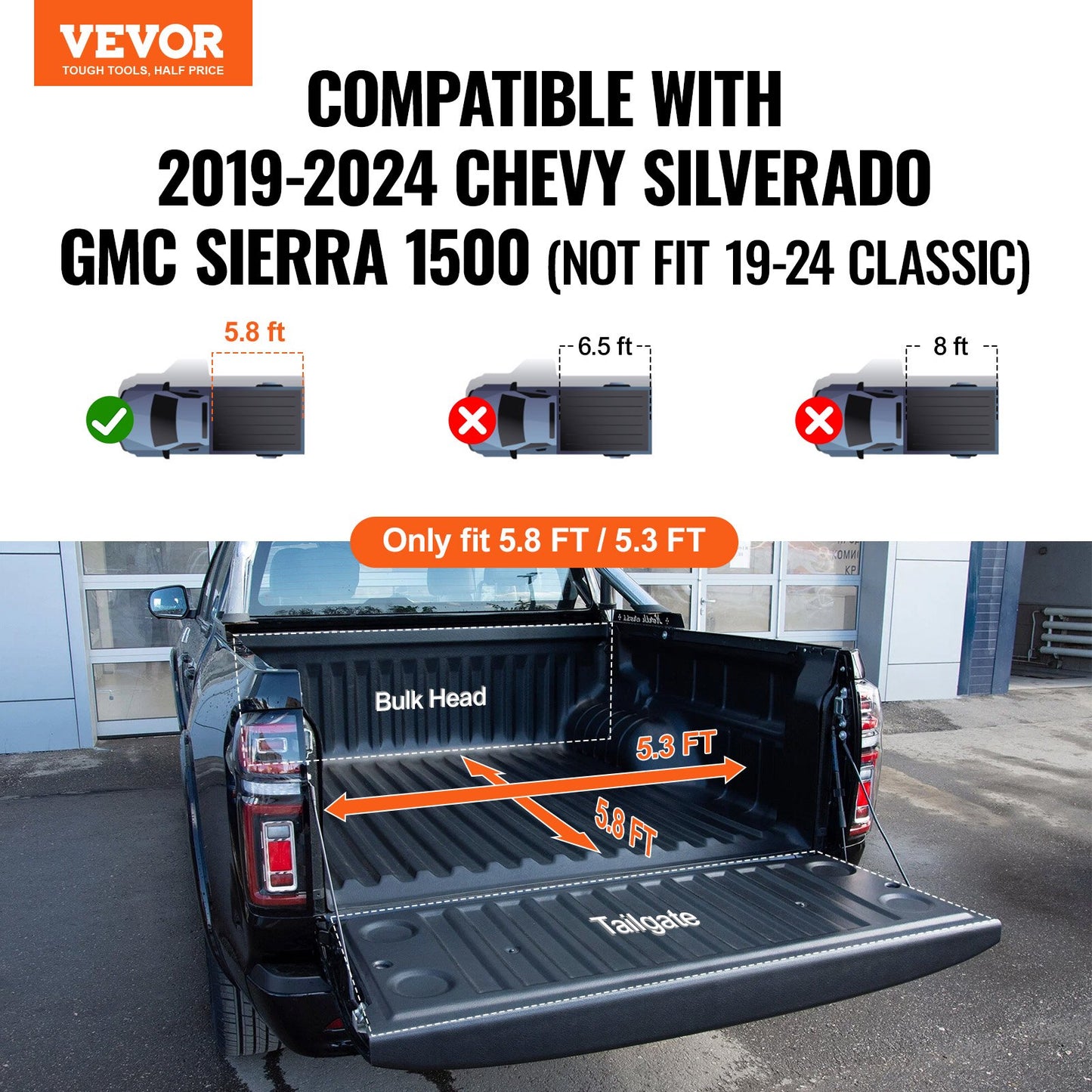 VEVOR Tri-Fold Truck Bed Tonneau Cover, Compatible with 2019-2024 Chevy Silverado