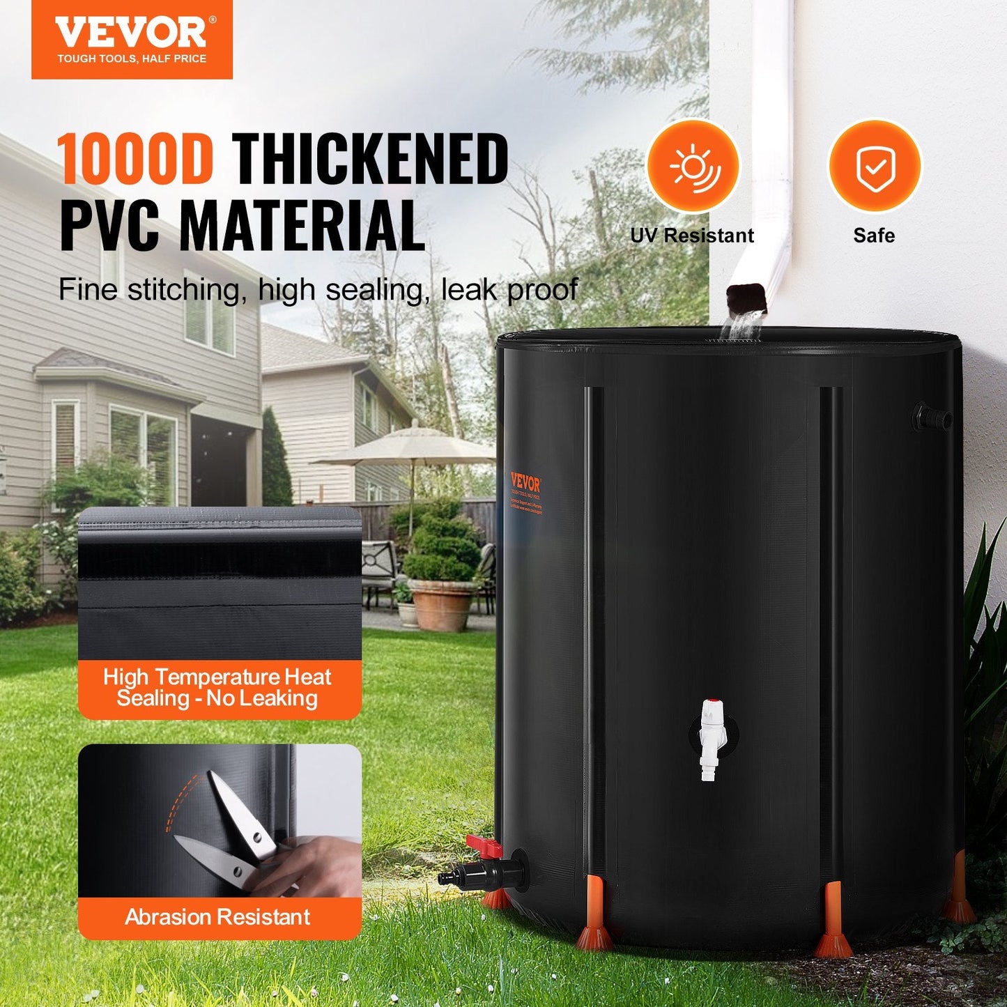 Collapsible 380L Rain Barrel with Spigots & Overflow Kit, Durable 1000D PVC