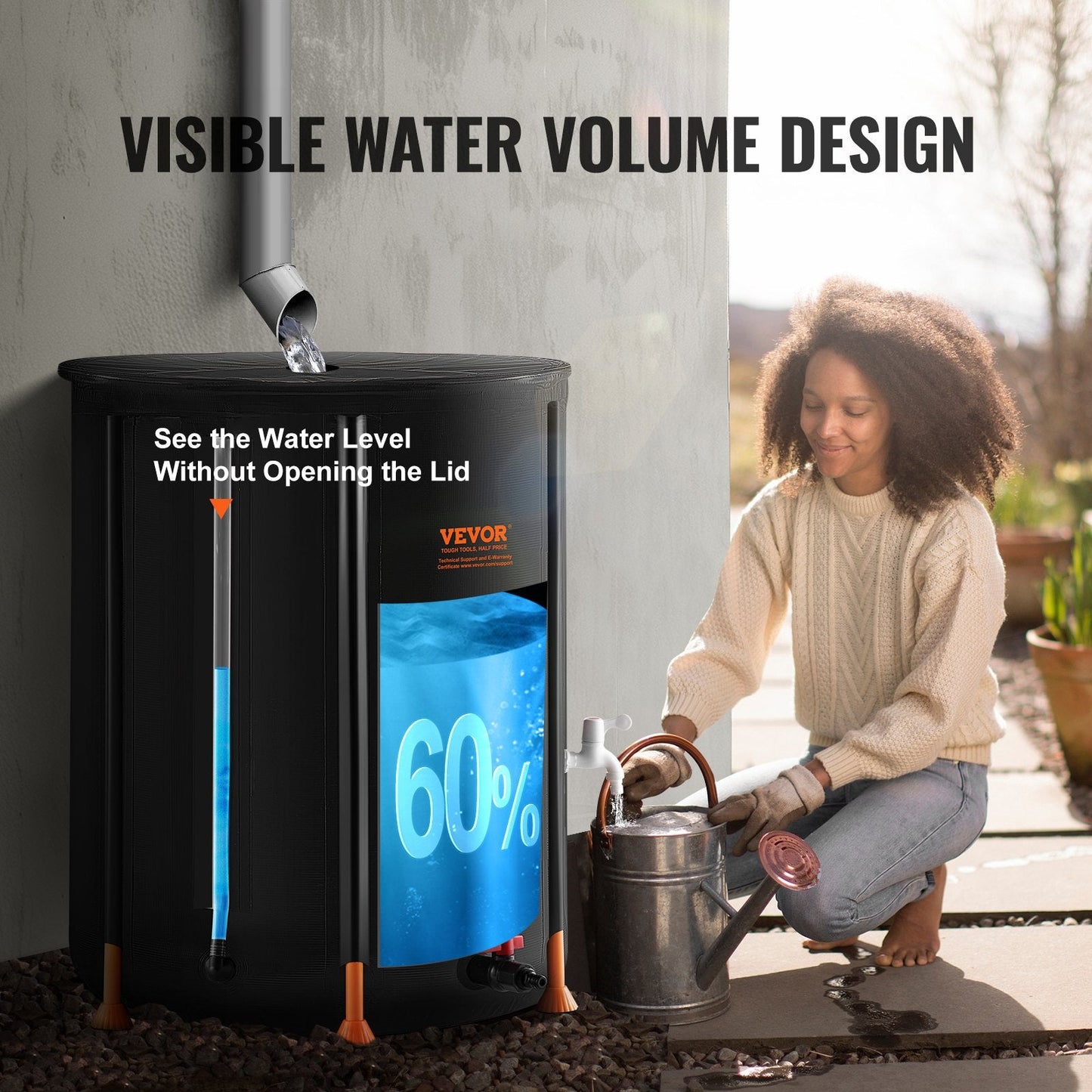 Collapsible 250L Rain Barrel with Spigots & Overflow Kit - Durable PVC Design