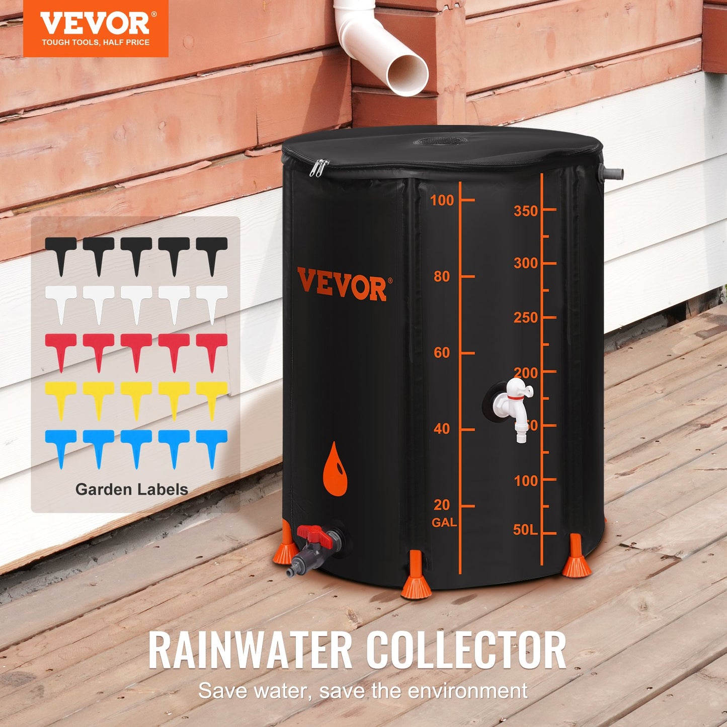 VEVOR Collapsible Rain Barrel, 100 Gallon Large Capacity, PVC Rainwater Collection