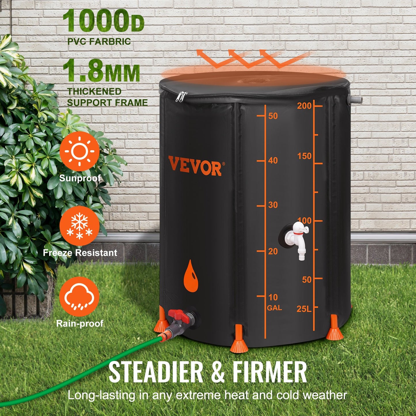 VEVOR Collapsible Rain Barrel Rain Catcher 53 Gallon Large Capacity PVC Black