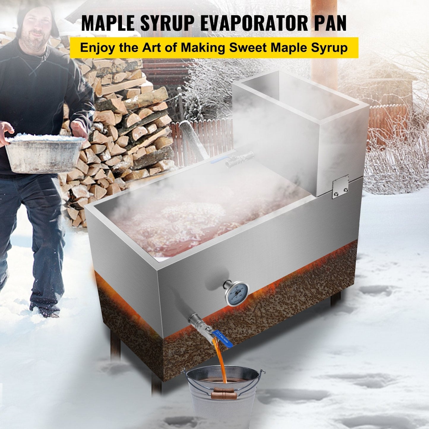 Stainless Steel Maple Syrup Evaporator Pan with Thermometer and Valve, 762x406x480 mm