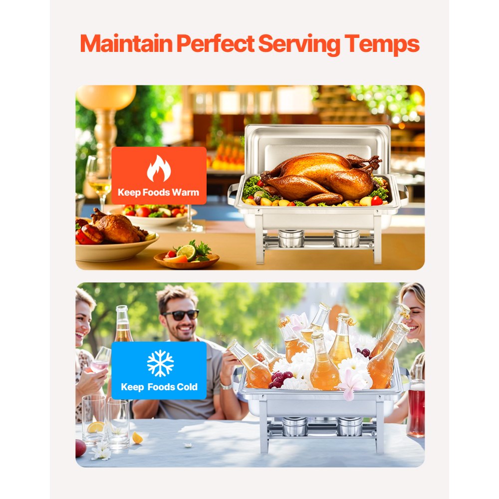 VEVOR 8 Qt 4 Pack Rectangle Chafing Dish Buffet Set Fullsize Pan Stainless Steel