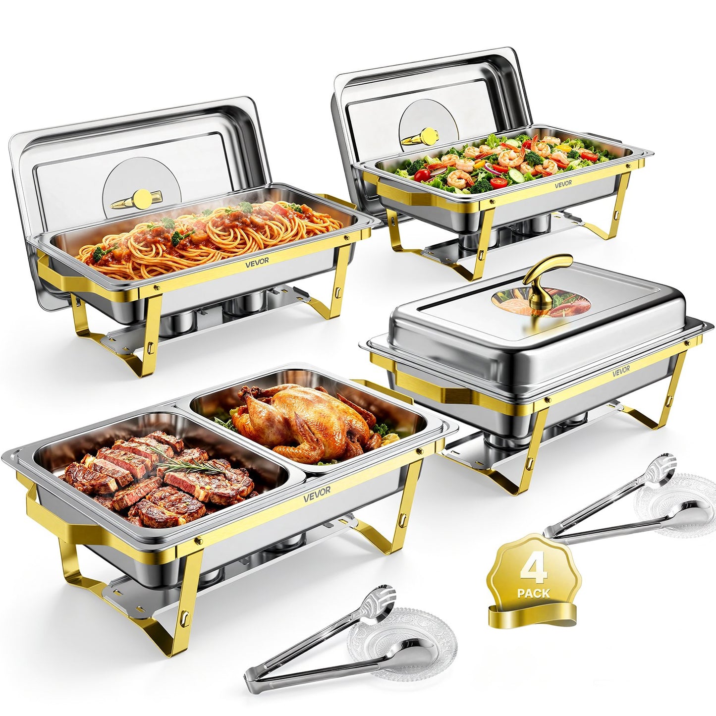 4 Packs Chafing Dishes for Buffet Set, 8.5L Stainless Steel Chafer, for Banquet Party Wedding, Rectangle Buffet Server Warmer, 2 Full & 4 Half-Size Pans, Glass Lid, Fuel Holder, Tong, Glass Pad