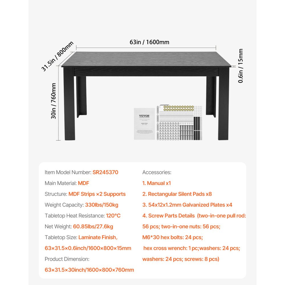 VEVOR 63in Rectangle Dining Table Wood Kitchen Table for 4-6 Person (Only Table)