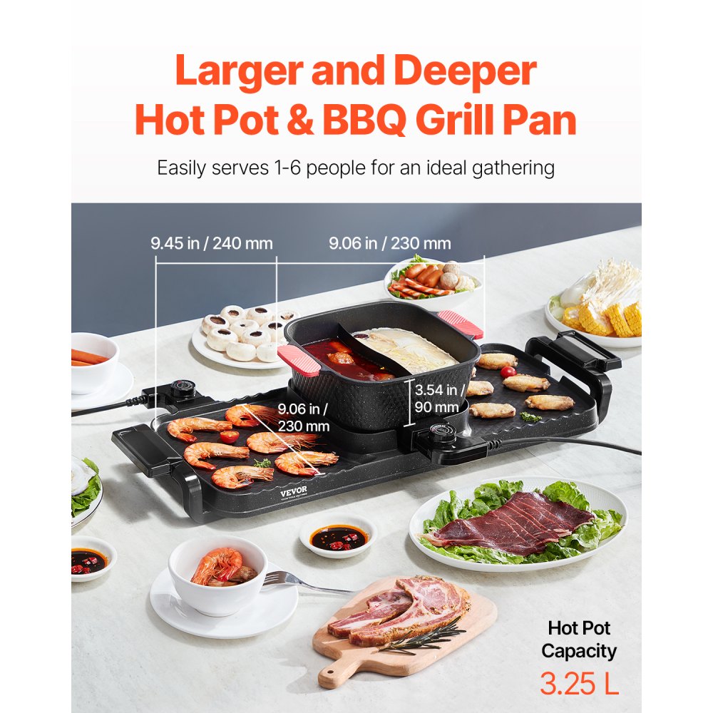 VEVOR Hot Pot with Grill 2300W 2-in-1 Electric Smokeless BBQ with Removable Pot
