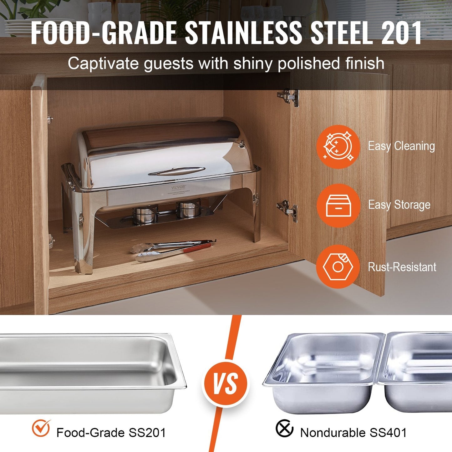 Stainless Steel 7.5L Roll Top Chafing Dish Set with Fuel Holder for 8+ People