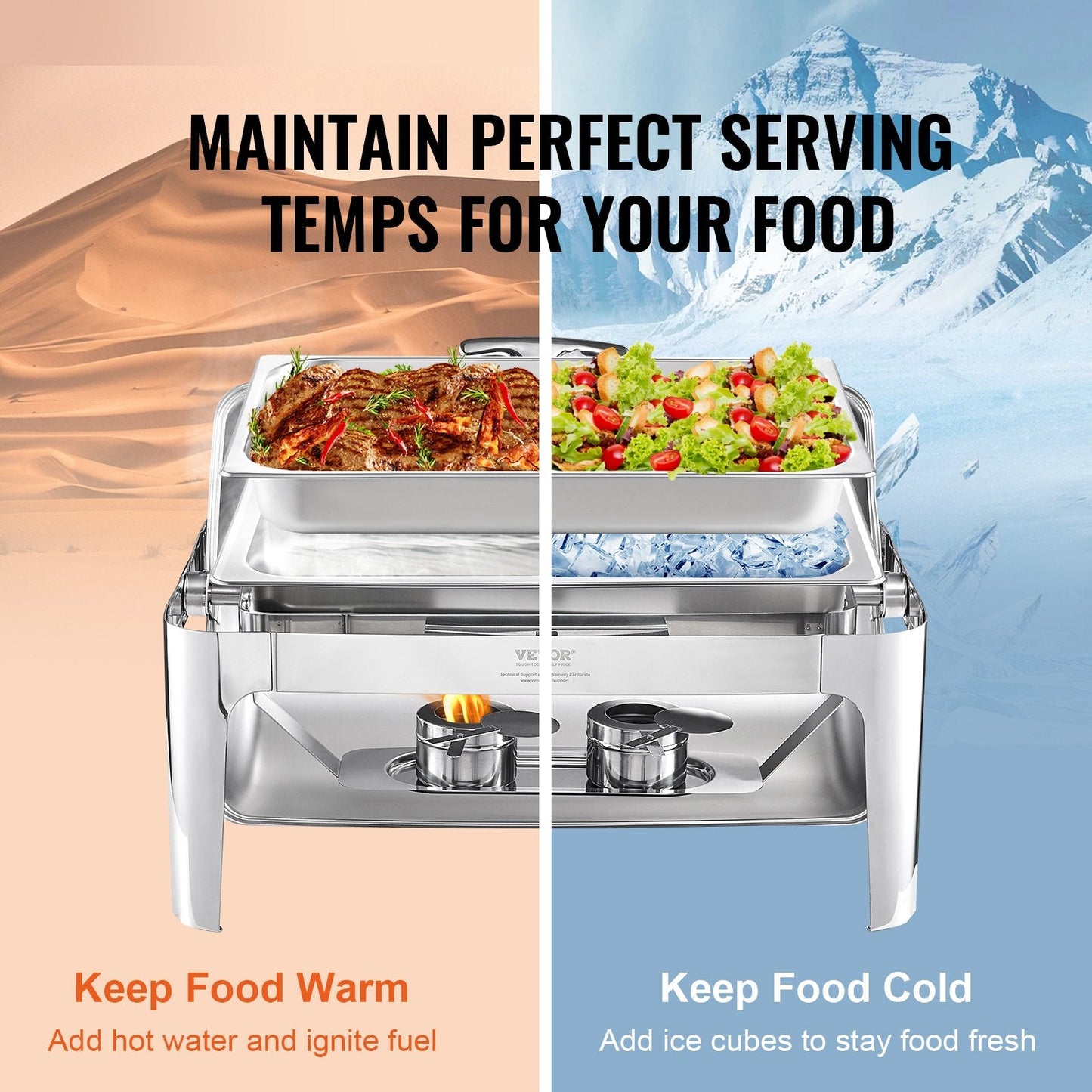 Stainless Steel 7.5L Roll Top Chafing Dish Set with Fuel Holder for 8+ People