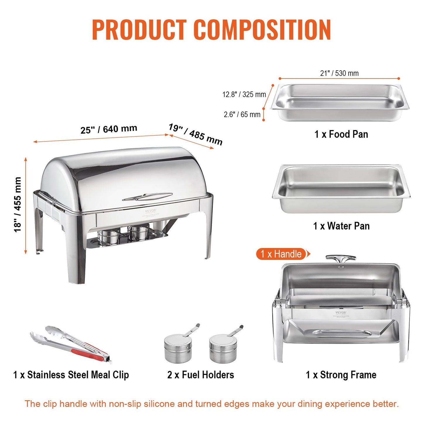 VEVOR Roll Top Chafing Dish Buffet Complete Set, 7.5L Stainless Steel Chafer with