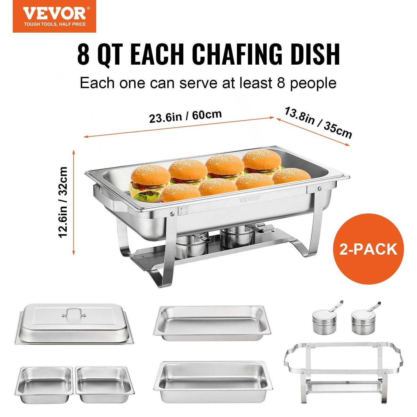 2-Pack Rectangle Chafing Dish Set with Full and Half-Size Pans, Stainless Steel
