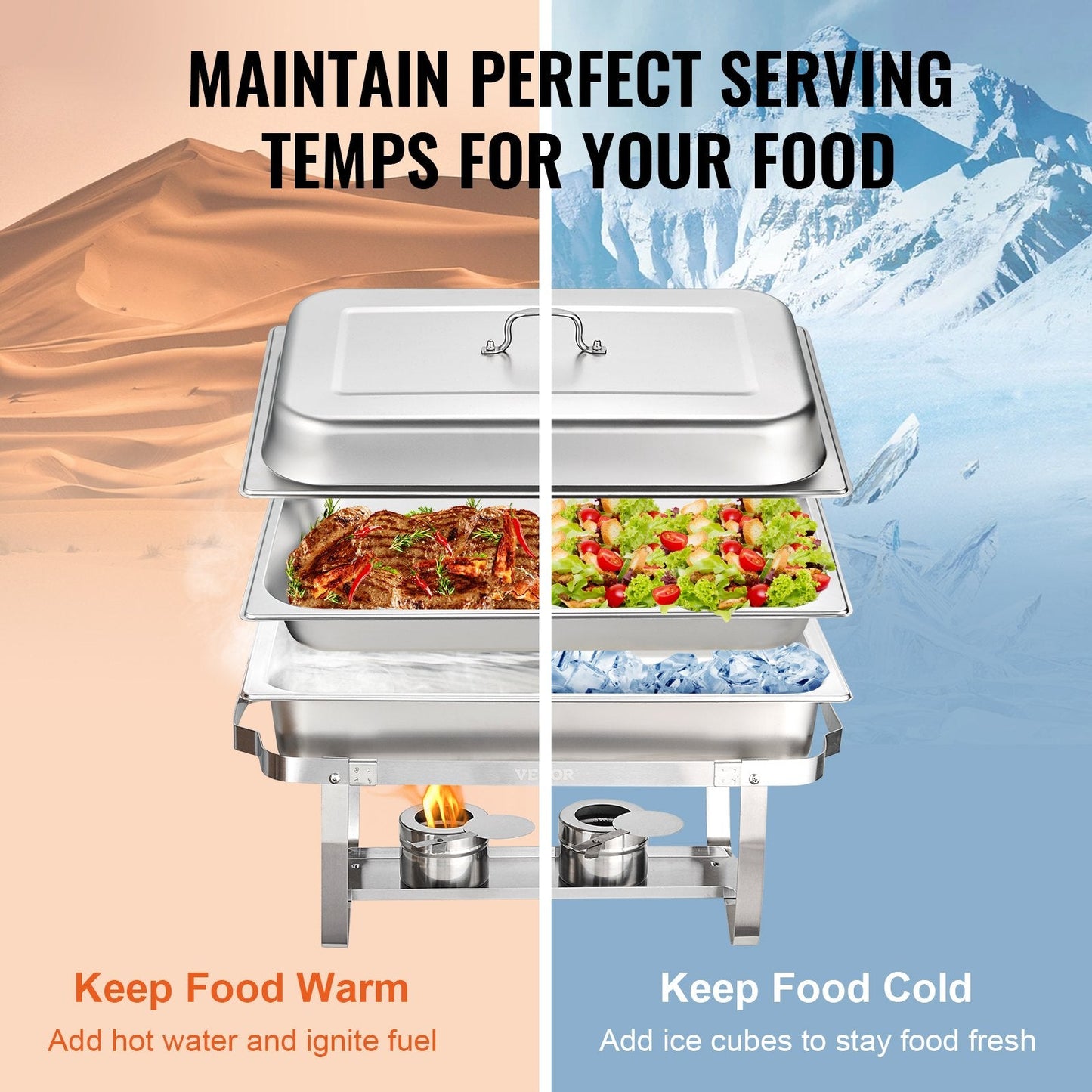 2-Pack Rectangle Chafing Dish Set with Full and Half-Size Pans, Stainless Steel