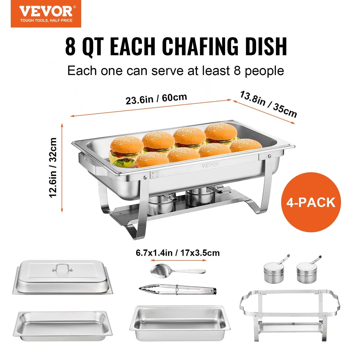 4-Piece Stainless Steel Chafing Dish Set with 8 Qt Pans and Foldable Stand