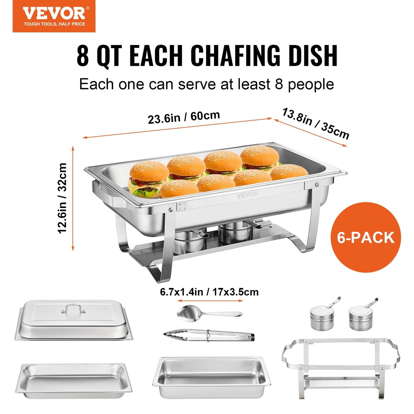 6-Pack Rectangle Chafing Dish Set with 8 Qt Pans and Fuel Holders, Stainless Steel