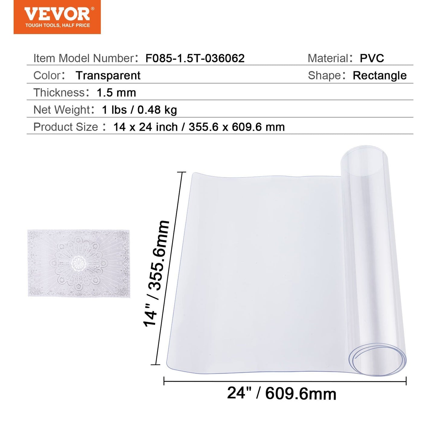 Clear PVC Table Protector, 0.36x0.61m, 1.5mm Thick, Rectangular, Transparent