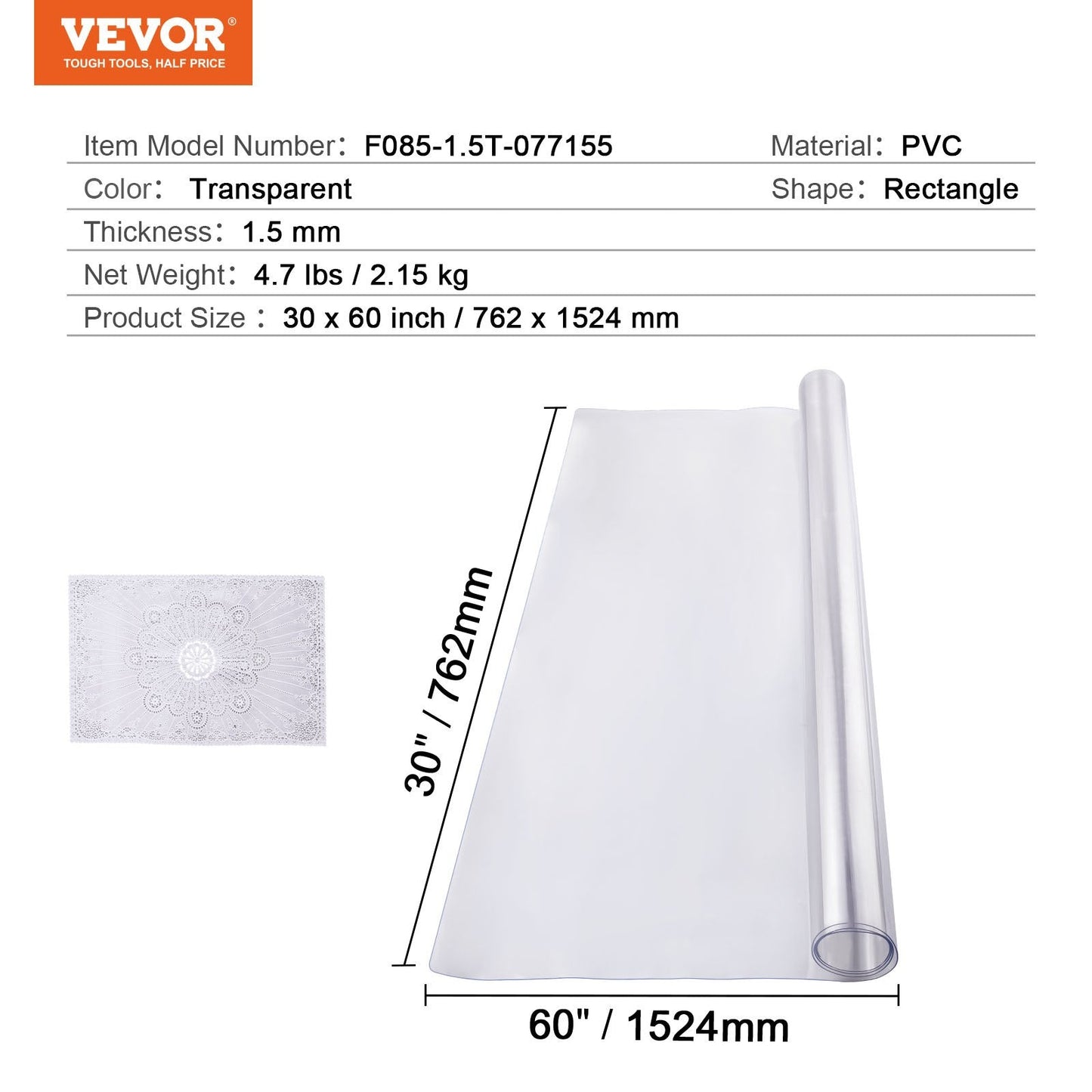 Clear PVC Table Protector, 0.76x1.52m, 1.5mm Thick, Transparent Desk Cover