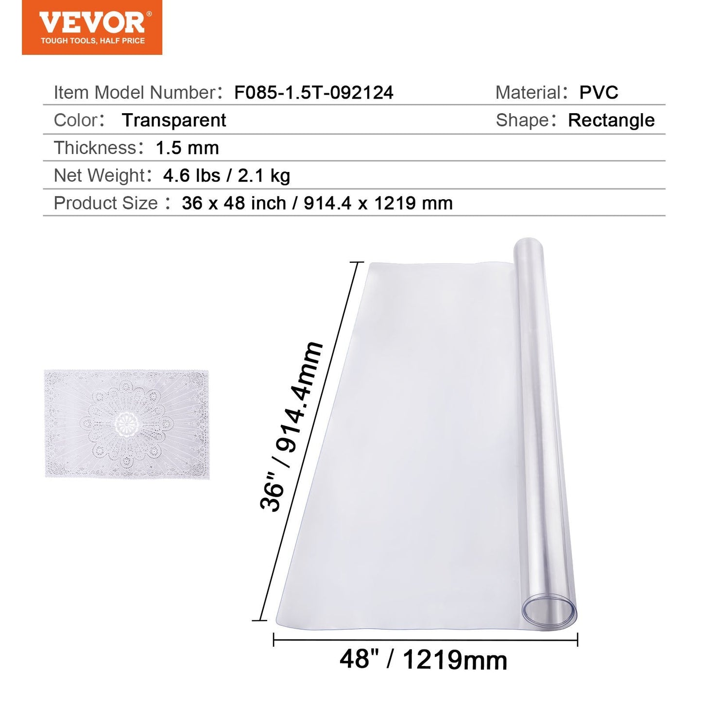 Clear PVC Table Protector - 0.9x1.2m, 1.5mm Thick, Transparent Desk Cover