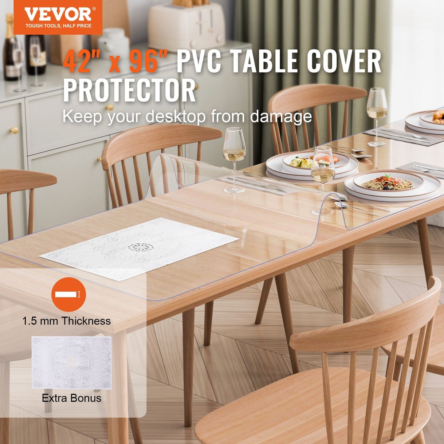 Clear PVC Table Protector, 1.07x2.44m, 1.5mm Thick, Customizable Fit