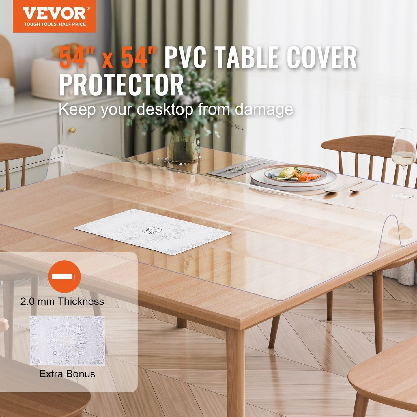 Clear PVC Table Protector, 1.37x1.37m, 2.0mm Thick, Easy-Clean, Versatile Use