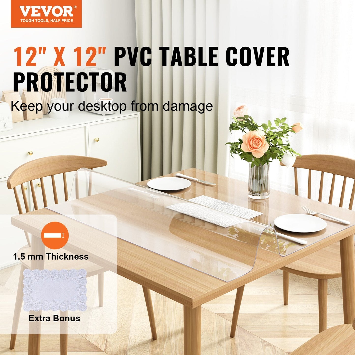Clear PVC Table Protector, 0.3 x 0.3 Meter, 1.5 mm Thick, Waterproof Square Cover
