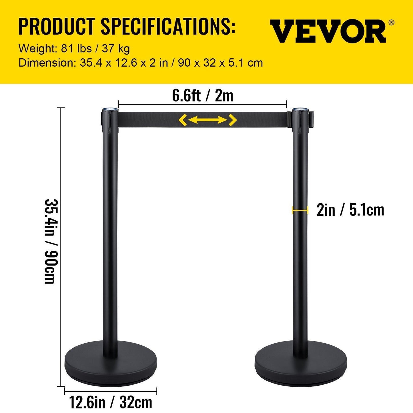 6-Piece Black Retractable Belt Stanchion Set with 2m Belt for Crowd Control