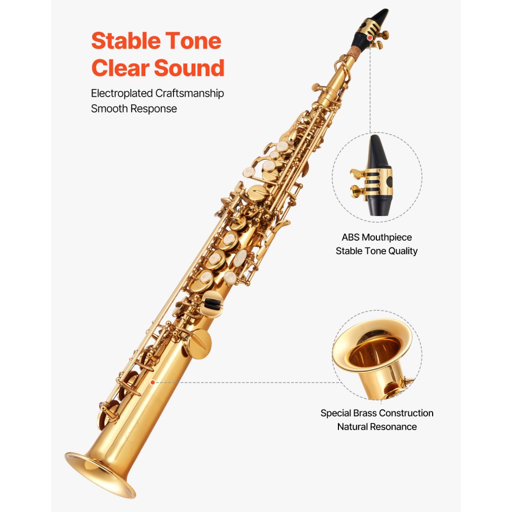 VEVOR Gold Brass Straight Soprano Saxophone B Flat Sax with Case Mouthpiece
