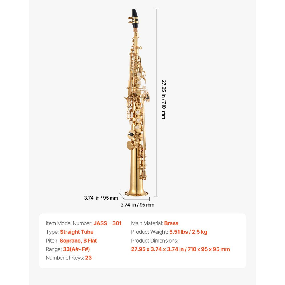 VEVOR Gold Brass Straight Soprano Saxophone B Flat Sax with Case Mouthpiece