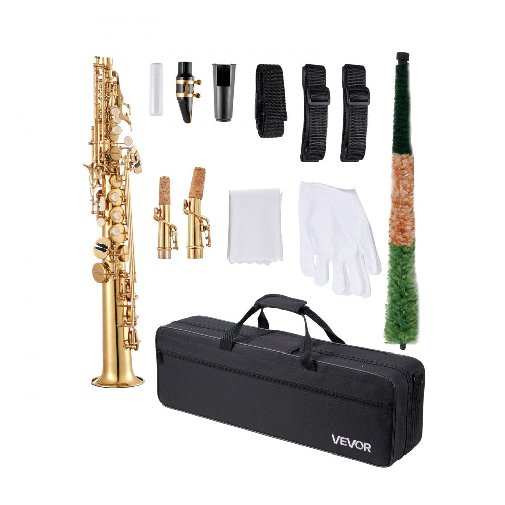 VEVOR Gold Brass Straight Soprano Saxophone B Flat Sax with Case Mouthpiece