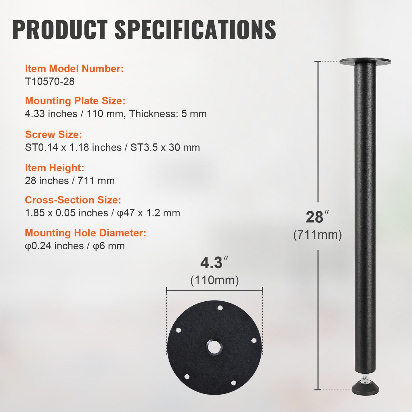 VEVOR 711.2MM Adjustable Desk Legs, Reinforced Steel Office Table Furniture legs
