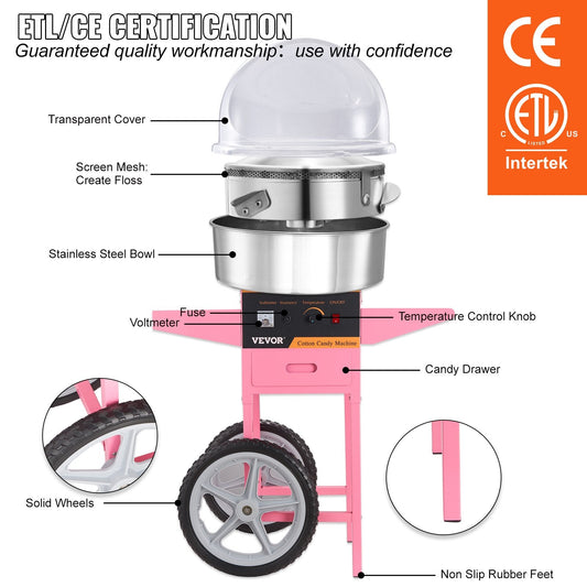 Commercial Sugar Floss Maker with Cart & Cover, 1000W, 0.5m Baffle, Pink