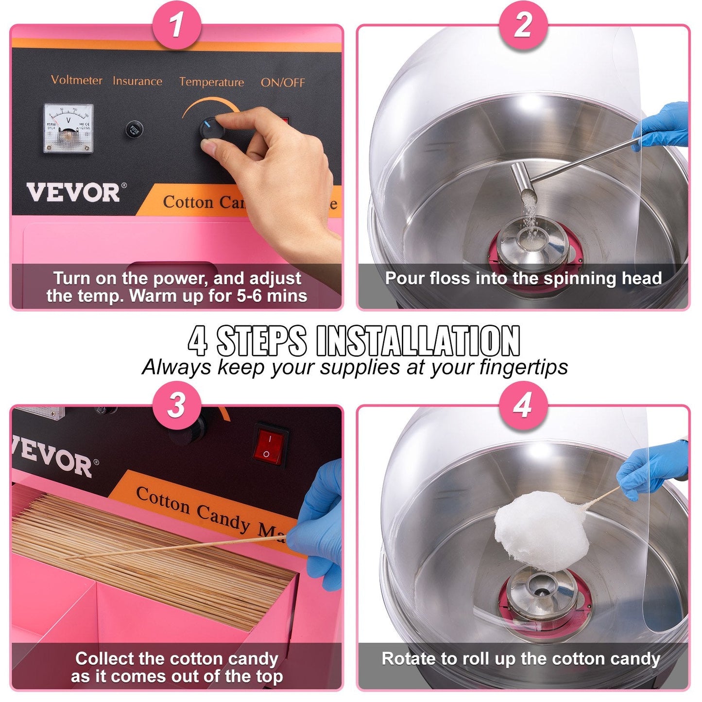 Commercial Sugar Floss Maker with Cart & Cover, 1000W, 0.5m Baffle, Pink