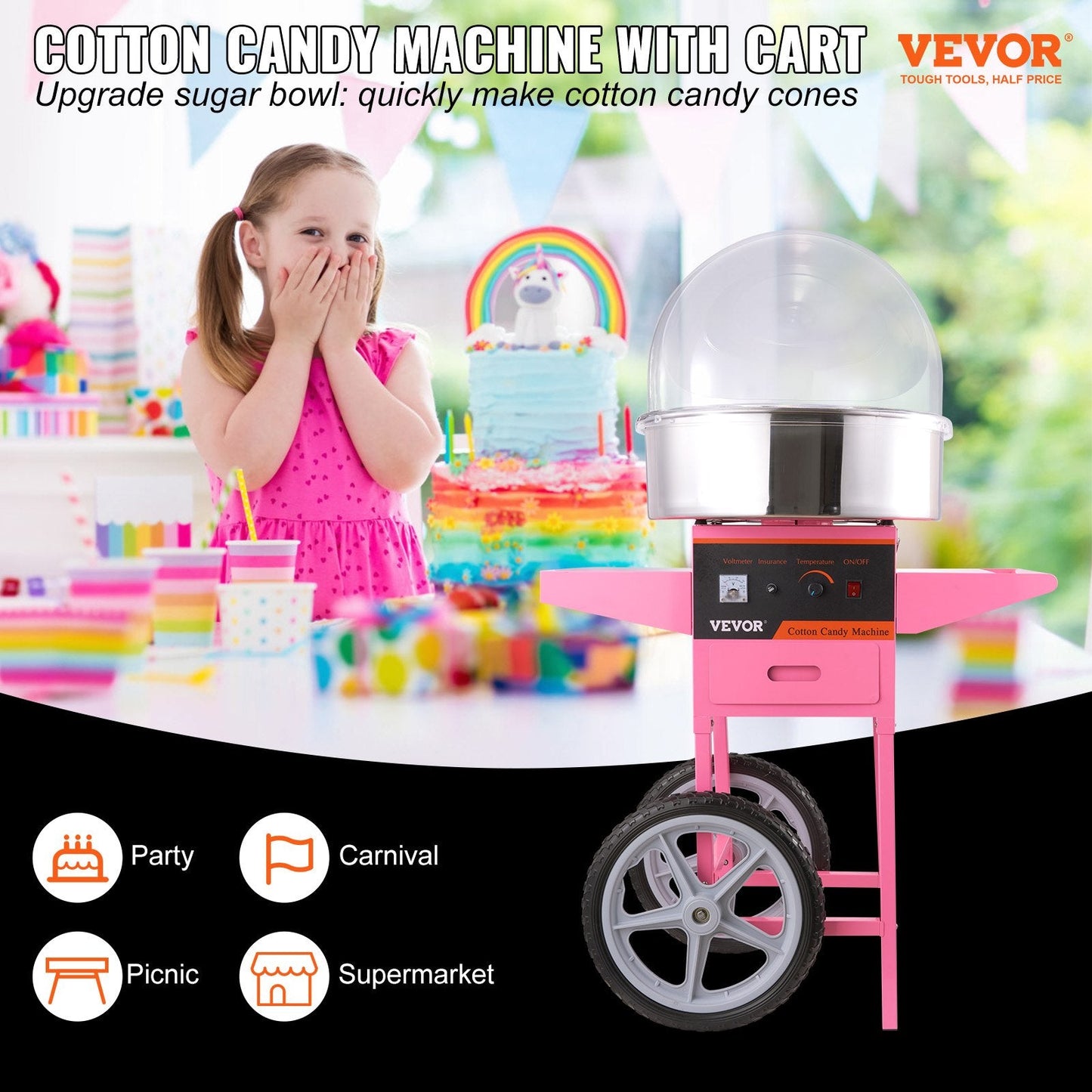 Commercial Sugar Floss Maker with Cart & Cover, 1000W, 0.5m Baffle, Pink