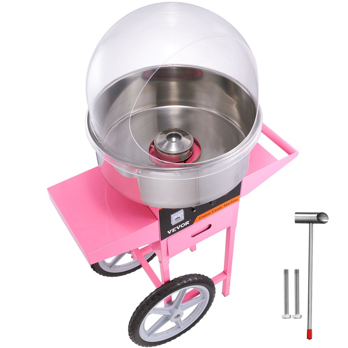 Commercial Sugar Floss Maker with Cart & Cover, 1000W, 0.5m Baffle, Pink